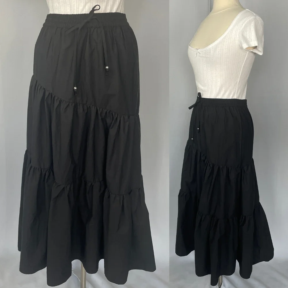 Tiered Broomstick Midi Skirt Size Medium Black Solid Fairy Whimsigoth Boho Goth